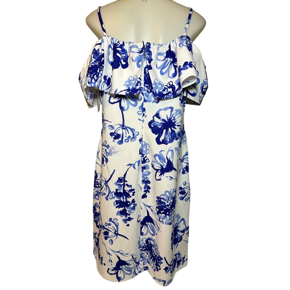 Lauren by Ralph Lauren Women's Cold-Shoulder Floral Crepe Blue And White Dress 8 - Picture 2 of 7